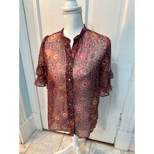 Johnny Was Jade Floral Print Sheer Button Up Blouse Shirt Top XS